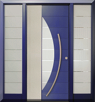 Haustür mit zwei Seitenteilen, Türblatt mit Edelstahl und Einfräsungen, Glas sandgestrahlt